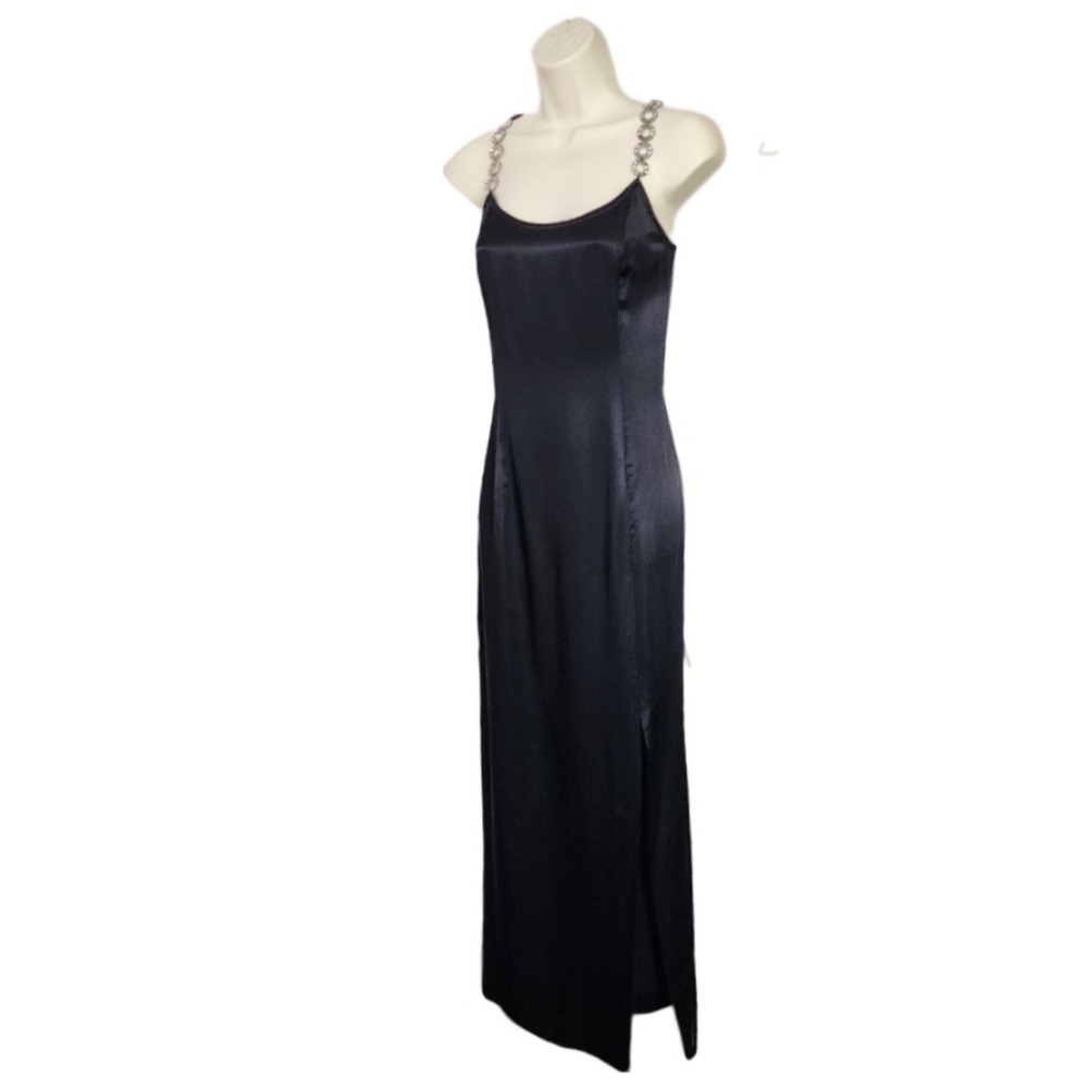 Jessica McClintock Dress Gunne Sax 90s Retro Slip Rhinstones Strap Black Size 10 - Picture 11 of 14